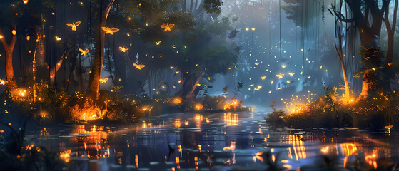 Lightning bugs in beautiful fairytale landscape at night. Generative ai design concept art.