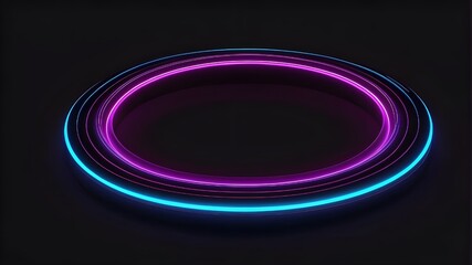 Isolated on a black backdrop, this abstract circle neon light line circular frame is colored blue...