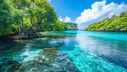 Naklejka premium Tropical island and crystal clear river. Generative ai design art concept.