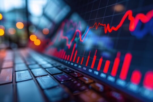 A close-up view of a laptop screen displaying a detailed red and blue chart. The chart appears to be data or financial-related, with various lines and graphs visible