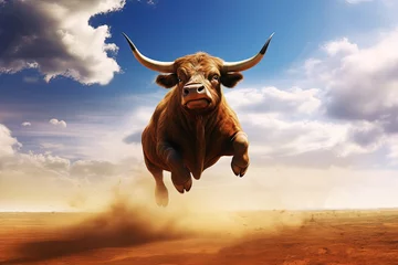 Foto op Plexiglas Angry bull with horns jumping in the desert. Generative Ai © Alexandra
