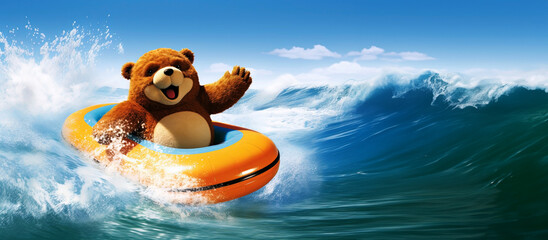 Teddy bear on inflatable ring floating in the ocean, vacation concept, panoramic layout. Generative Ai - obrazy, fototapety, plakaty