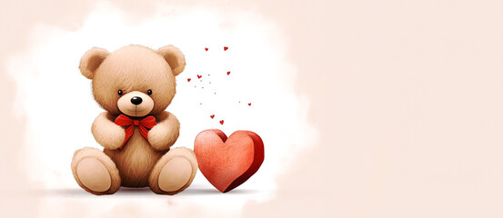 Valentine's day background with teddy bear and red heart, panoramic layout. Generative Ai