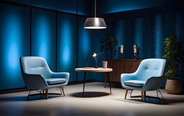 Studio interior designed for podcasts and interviews, featuring two chairs.