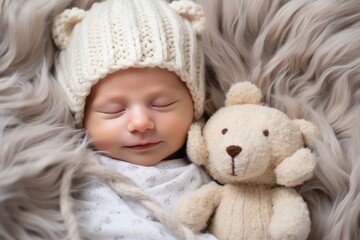 A baby is sleeping with a teddy bear