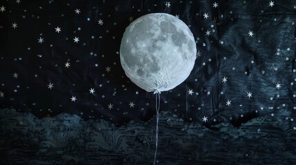 A moonlit night scene with a moon made of a glowing white balloon and stars of small silver sequins over a dark felt sky. 