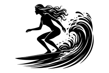 Surfing woman silhouette. Vector illustration