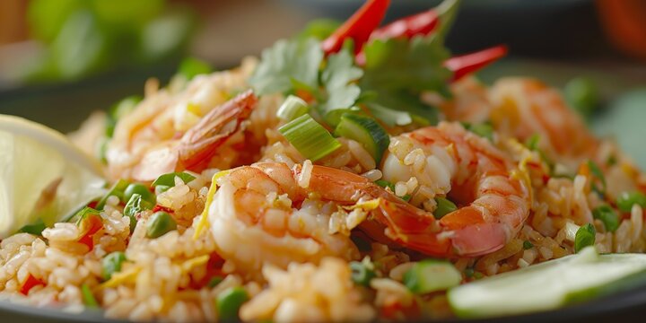 Close-up image of a hearty plate of shrimp fried rice with vibrant garnishes and fresh ingredients
