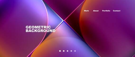 A geometric background featuring a vibrant gradient of purple, violet, and magenta hues. Patterns of triangles and circles create symmetry, accented with electric blue highlights and lens flares