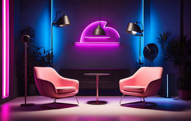 Neon Studio interior for podcasts and interviews with two chairs designed.