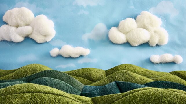 A rolling hills landscape, crafted entirely from green felt, complete with fluffy white cotton wool clouds in a clear blue felt sky. 