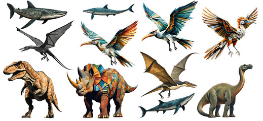 Dinosaur set png, triceratops, archeopteryx, elasmosaurus, tyrannosaurus, diplodocus, retro style illustration, isolated on transparent background