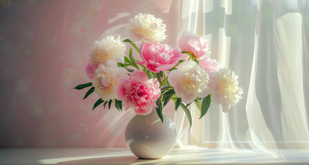 A vase of white and pink flowers sits on a table