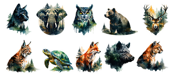 Watercolor forest endangered rare animals, ecology theme. Wild cat, elephant, owl, bear, deer, lynx, turtle, fox, wild boar, puma, isolated on transparent background