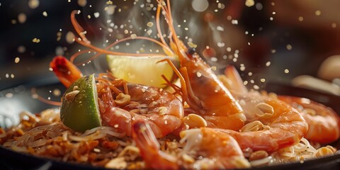 Dynamic image capturing flying pad thai noodles and shrimps with a squeeze of lime