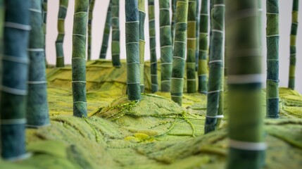 A bamboo forest with stems made from green rolled paper and a floor of soft moss green felt. 