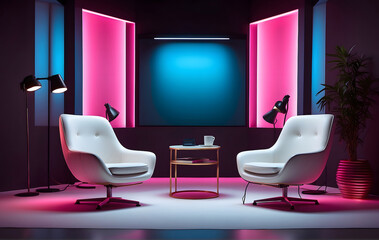 Neon Studio interior for podcasts and interviews with two chairs designed.