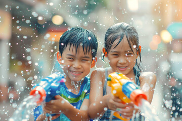 Happy traveler asian boy and girl wearing summer shirt holding colourful squirt water gun over blur city, Water festival holiday concept