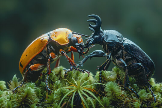 A scene capturing a stag beetle clashing with a rival, their large mandibles locked in combat over t