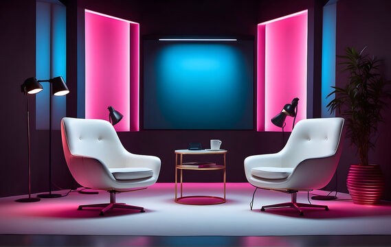 Neon Studio interior for podcasts and interviews with two chairs designed.