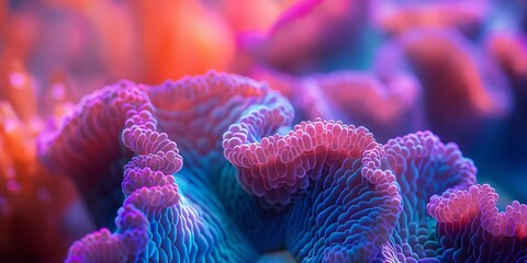 A detailed macro image showing the vivid colors and patterns of a living coral reef ecosystem - obrazy, fototapety, plakaty