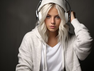 A woman is wearing headphones, enjoying music