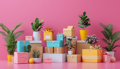 A Stock boxes with products delivered regularly on pink backdrop, showcase live stream shopping online platform