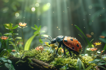 A scene showing a beetleâ€™s journey from the underbrush to the forest canopy, illustrating its role - obrazy, fototapety, plakaty