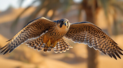 A majestic falcon in action flying towards the lens of the camera