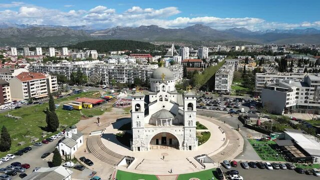 A drone flies up to the Resurrection Cathedral, the main temple of Podgorica, the capital of Montenegro
