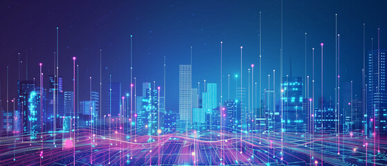  A digital cityscape with skyscrapers and glowing data streams, representing the technological transformation of urban areas. The background is a dark blue to create contrast against the bright lights