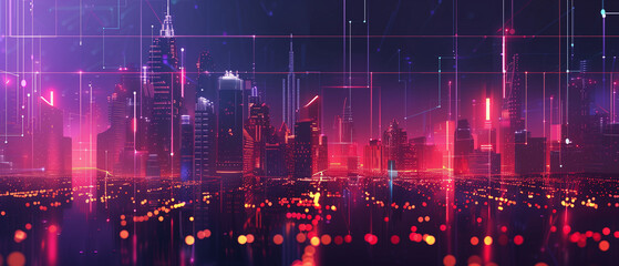 Fototapeta premium A digital cityscape with skyscrapers and glowing data streams, representing the technological transformation of urban areas. The background is a dark blue to create contrast against the bright lights