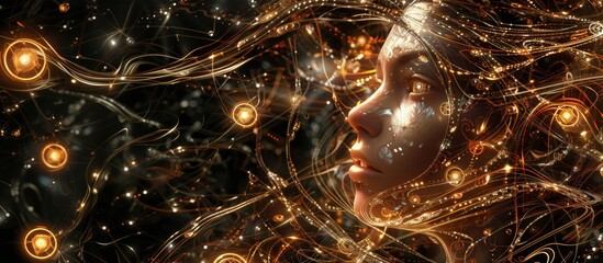 Female head with many luminous threads showing thoughts or energy - obrazy, fototapety, plakaty