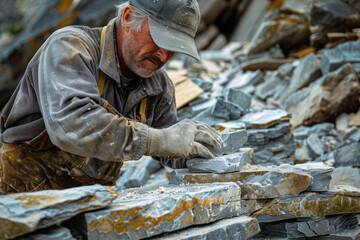 Advanced Masonry - A detailed view of artisans meticulously carving interlocking stone blocks, ensur