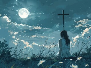 illustration Young woman kneeling and looking at the cross in the sky