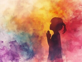 little girl in worship on watercolor background