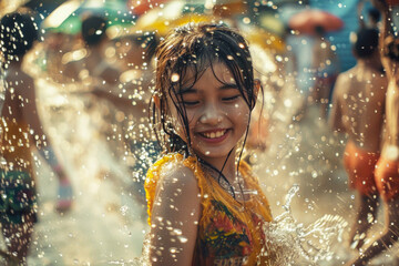 Happy traveler asian girl wearing summer shirt play water over blur city, Water festival holiday concept