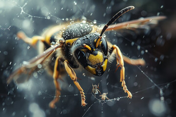 An image capturing a wasp in mid-flight, its eyes locked on a nearby spider, showcasing the precisio - obrazy, fototapety, plakaty