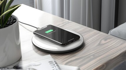 Wireless Charging Pad on Wooden Table with Minimalist Decor