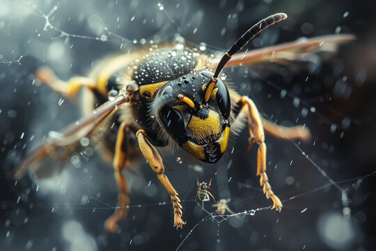 An image capturing a wasp in mid-flight, its eyes locked on a nearby spider, showcasing the precisio