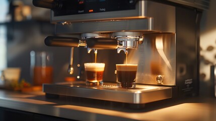 A detailed view of an espresso machine placed above a compact coffee maker powered by gas Enjoy a warm aromatic and tasty beverage in the morning