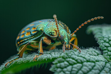 Fototapeta premium A close-up of a leaf beetle, its green metallic body almost invisible against the leaf it feeds on,