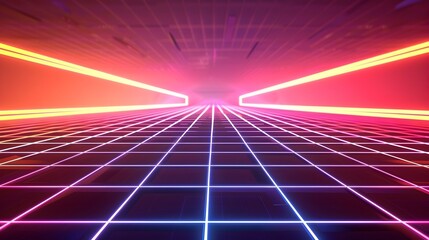 Retro Arcade Grid with Neon Laser Lines Futuristic Digital Art Background for Synthwave and Designs