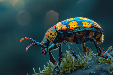 An image of a beetle with a defensive posture, secreting a chemical that colors its body in warning