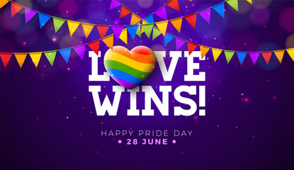 Love Wins. Happy Pride Day LGBTQ Illustration with Rainbow Heart and Colorful Party Flag on Purple Background. 28 June Love is Love Human Rights or Diversity Concept. Vector LGBT Event Banner Design