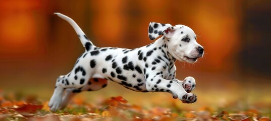 Dalmatian puppy playfully running in meadow, showcasing beautiful spotted coat in natural setting