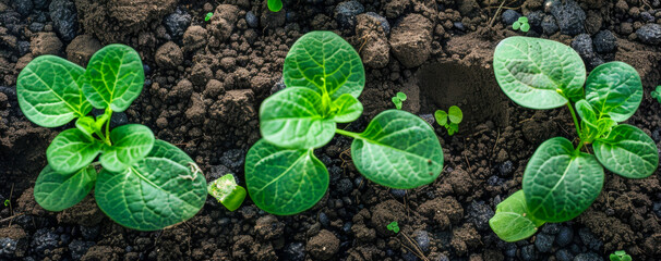 A row of small green plants growing in the dirt - Powered by Adobe