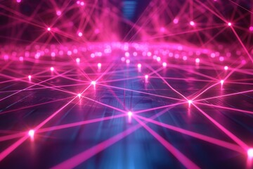 A background featuring a vibrant mix of pink and blue hues filled with numerous bright lights scattered across the frame, creating a dazzling and energetic visual display