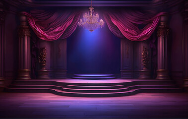 The dark stage features an empty background in shades of dark blue, purple, and pink