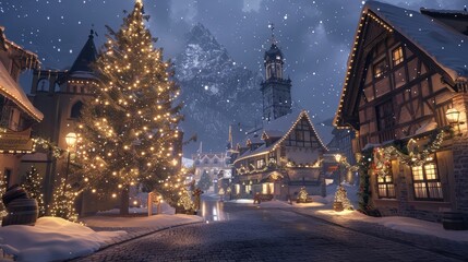 A quaint village square transformed into a holiday wonderland, with twinkling lights and a towering...